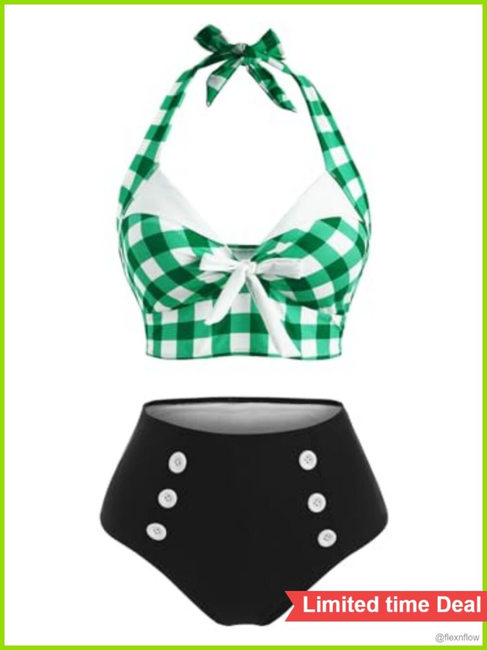 Retro Plaid Bikini Set Halter High Waisted Tummy Control Swimwear